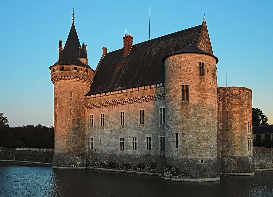 castle, sully on loire, sunset, tower, pierre, moat, castle of sully-sur-loire, HD wallpaper