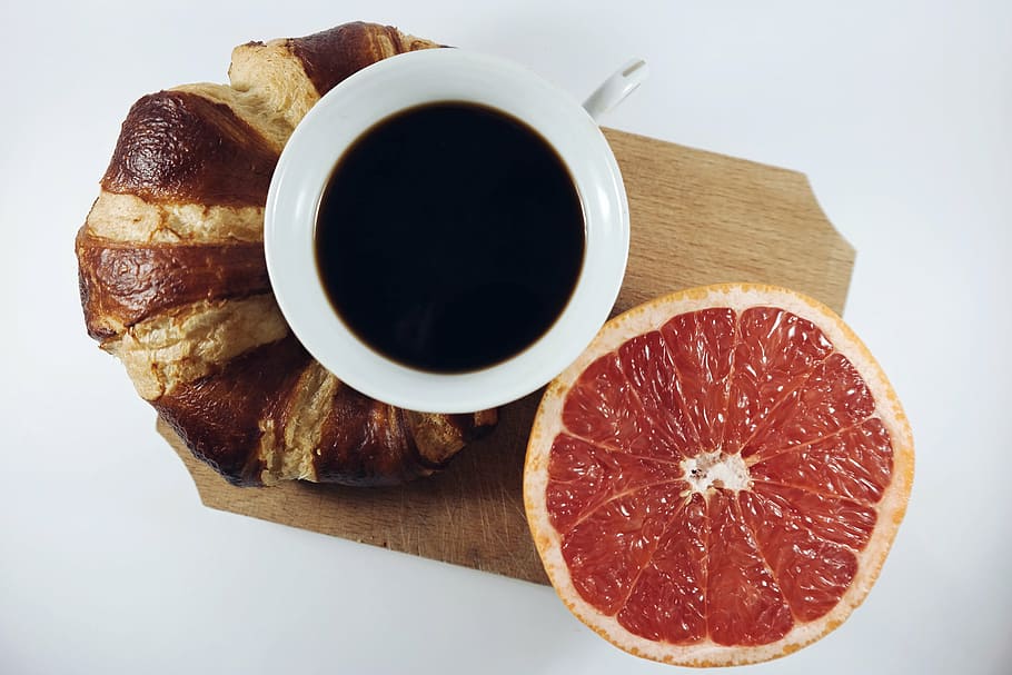 caffeine, coffee, croissant, cup, cup of coffee, drink, food HD wallpaper