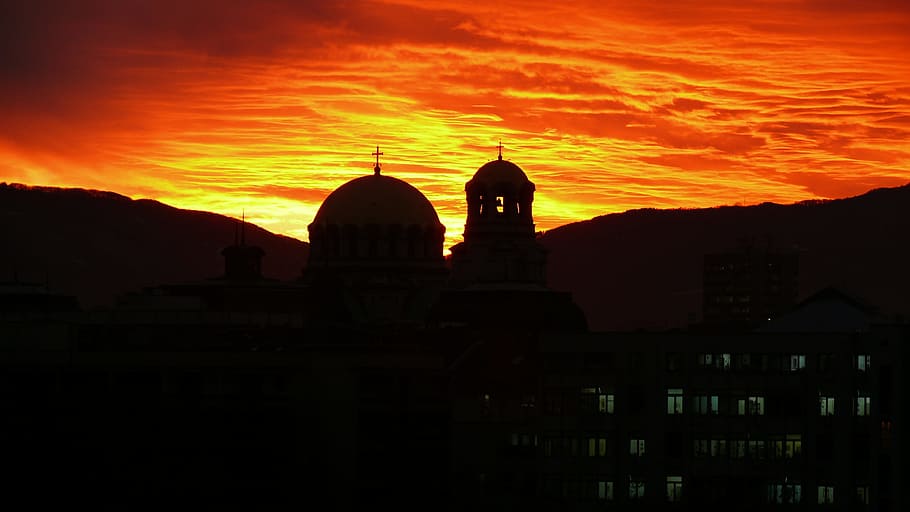 Church, Sunset, Bulgaria, sky, sofia, alexander nevsky, clouds HD wallpaper