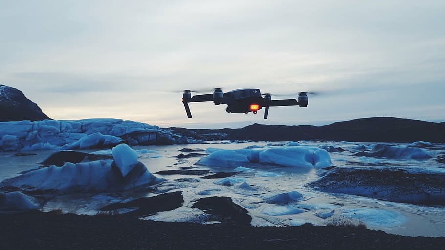 flying black drone, camera, ice, iceberg, snow, cold, weather HD wallpaper