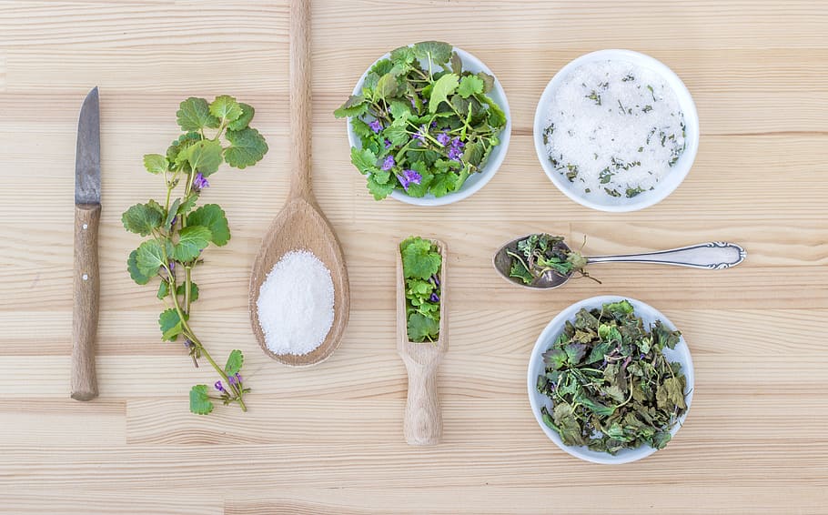top view photo of green plant with purple flowers, herbs, salt HD wallpaper