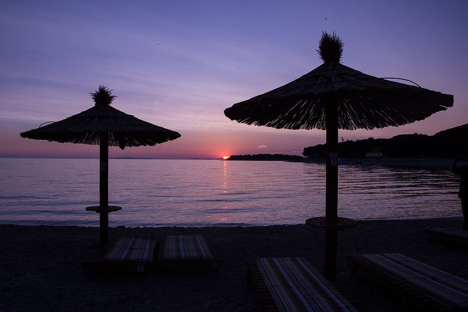 sunset, beach, sea, water, beauty in nature, tranquility, silhouette HD wallpaper