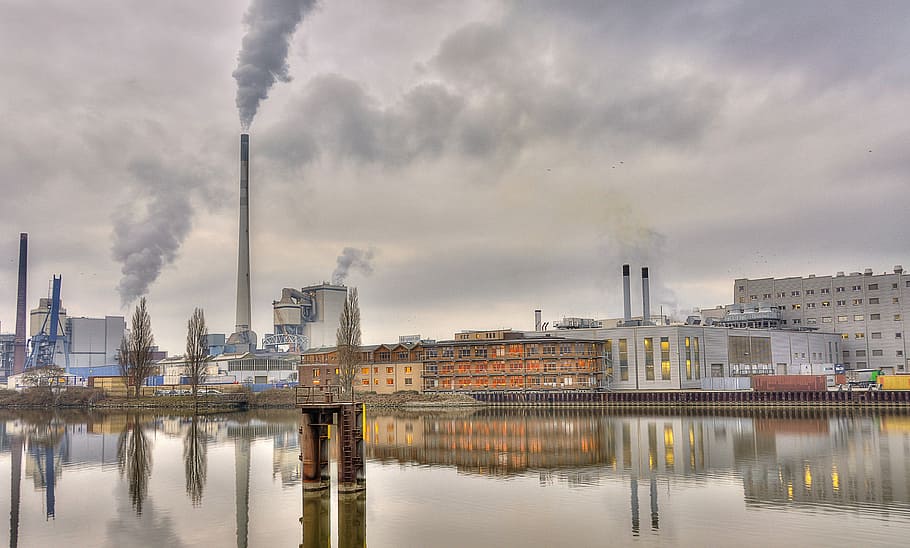 factories beside body of water, pollution, waters, smoke, industry HD wallpaper