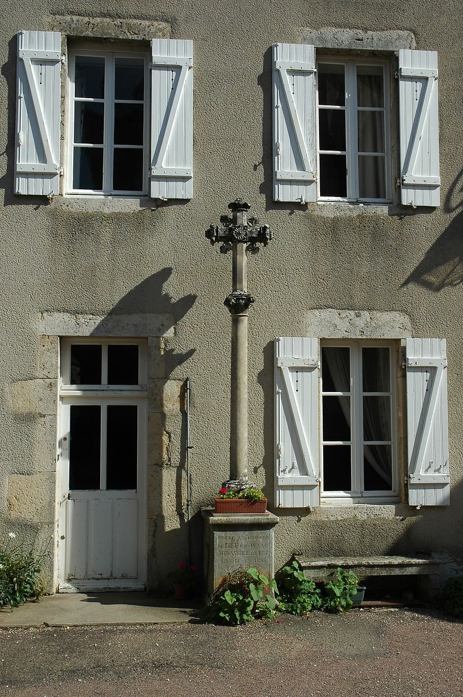 village, window, shutter, cross, facade, shadow, light, summer HD wallpaper