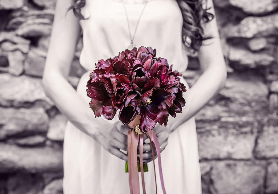 woman in white dress holding purple flower bouquet, bridesmaid, HD wallpaper