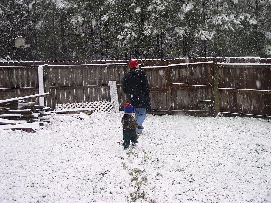 Snow, Snowfall, Father, Son, Child, walking, winter, cold temperature HD wallpaper
