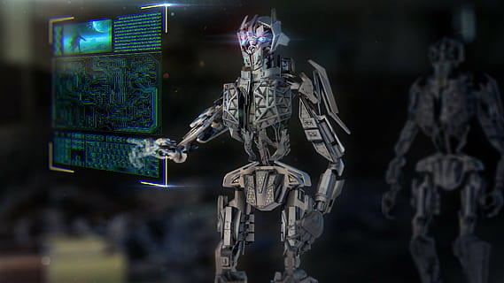 gray robot touching screen wallpaper, mech, machine, technology HD wallpaper