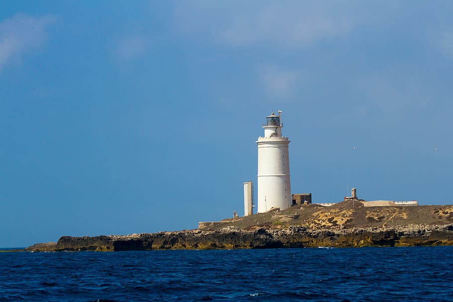 lighthouse, tarifa, atlantic, blue, guidance, tower, building exterior HD wallpaper