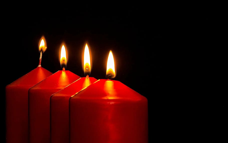 four red lighted pillar candles, advent, advent candles, christmas jewelry, HD wallpaper