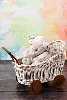 elephant plush toy on white wicker stroller, fun, studio, the mascot HD wallpaper