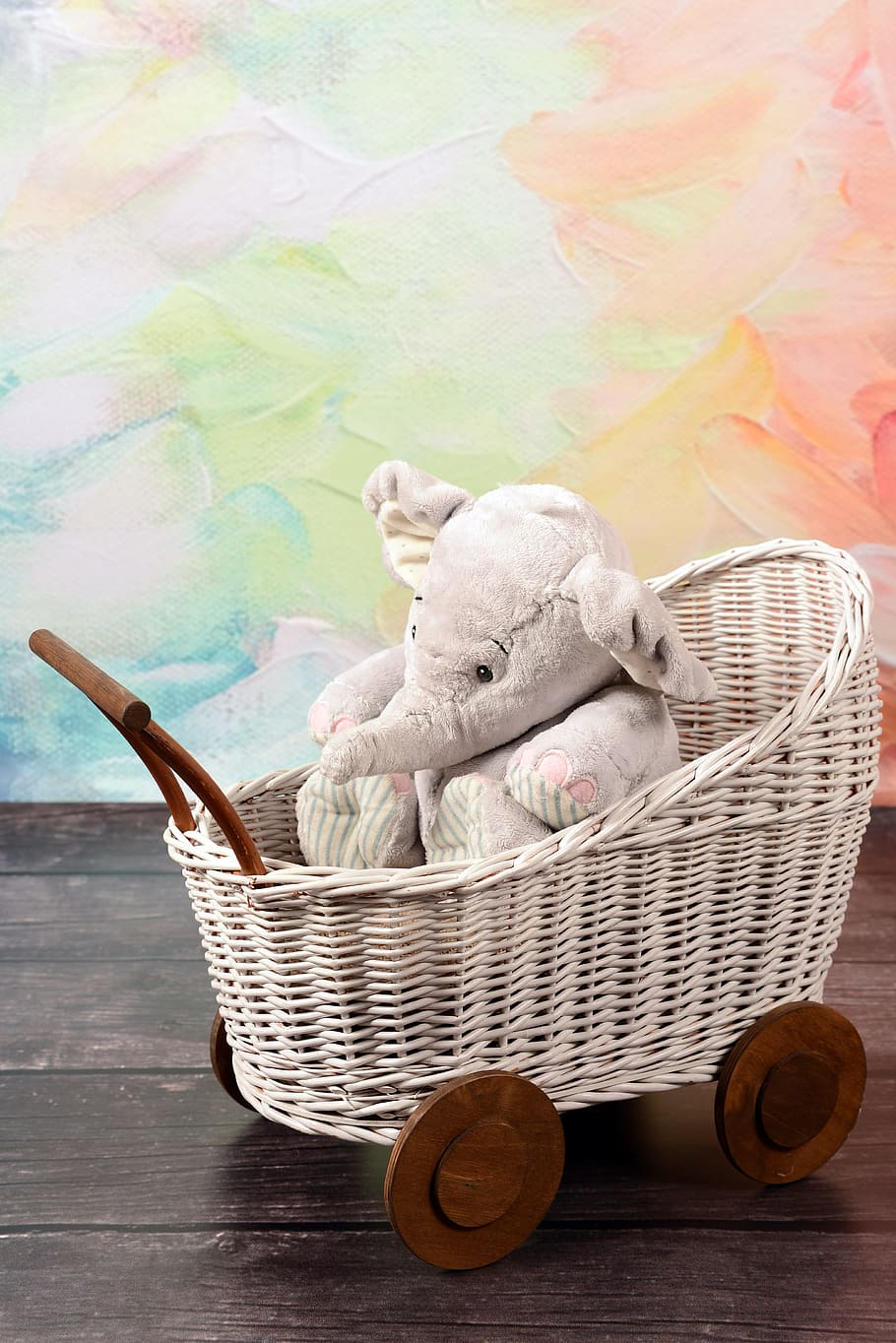 elephant plush toy on white wicker stroller, fun, studio, the mascot HD wallpaper