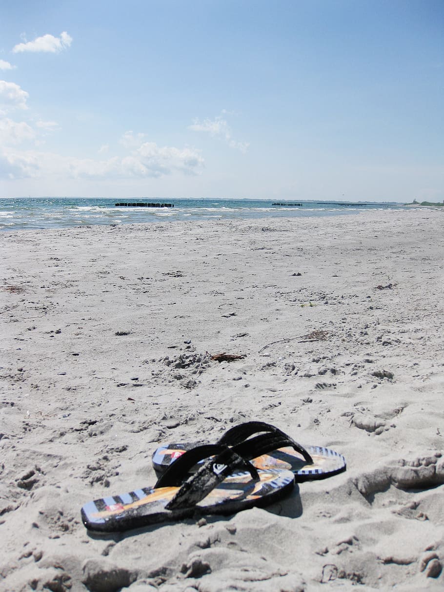 beach, flip flops, sea, denmark, lonely, slippers, sand, holiday HD wallpaper