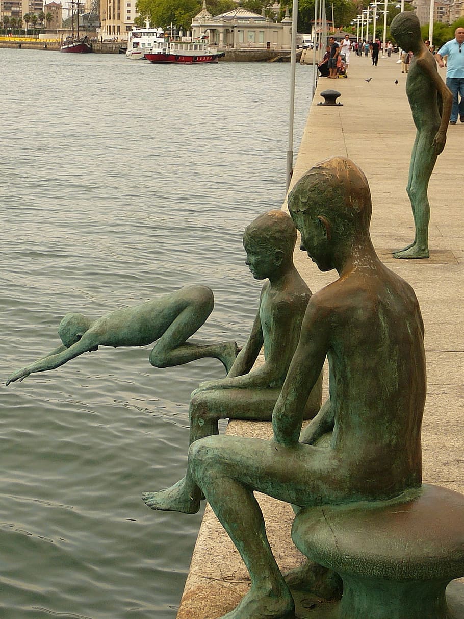 statues, port, santander, sculpture, water, representation HD wallpaper