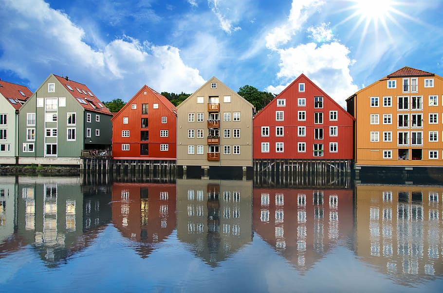 assorted-color buildings under blue sky, trondheim, norway, houses, HD wallpaper