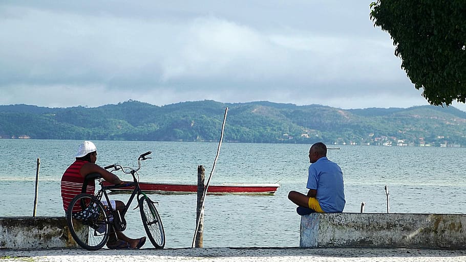 Fishermen, Boat, Man, Bike, mar, beira mar, coastal, old, water HD wallpaper