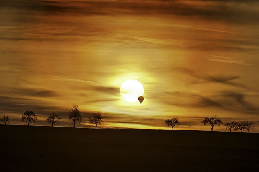 hot air balloon at sky durinbg sun set, Sunset, Trees, Sky, Landscape HD wallpaper