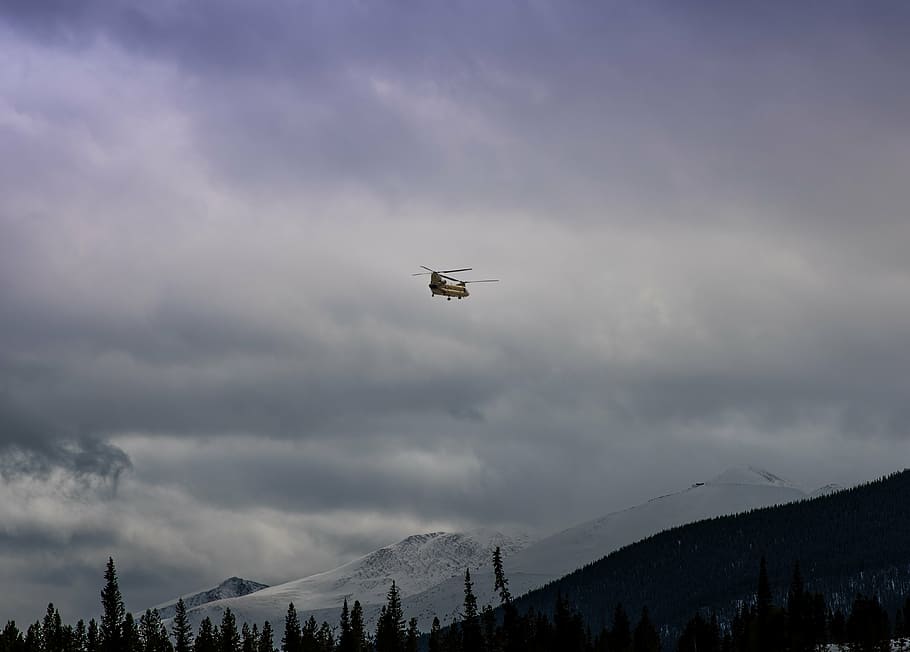 flying helicopter at sky, mountain, highland, snow, winter HD wallpaper