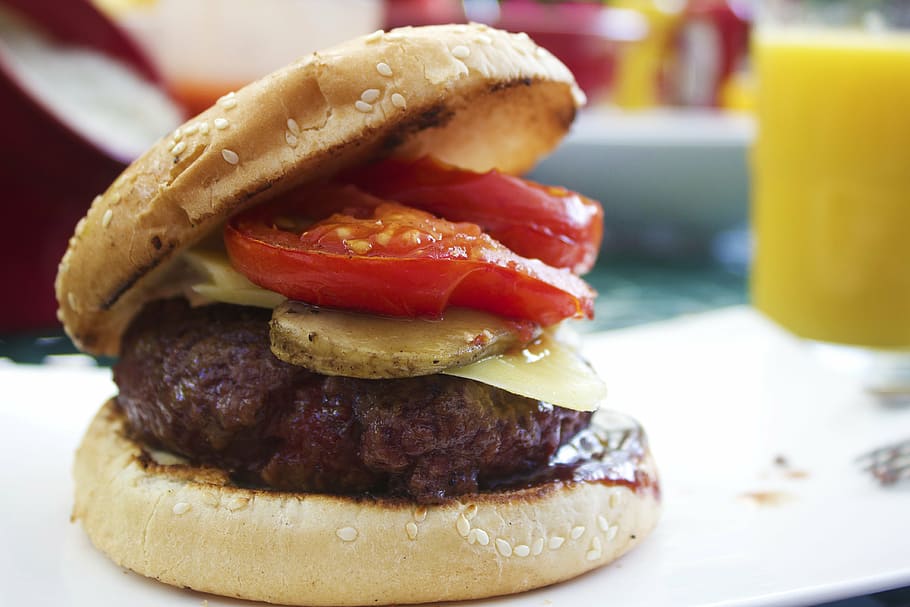 beef patty on sandwich with sliced of tomatoes, burger, bun, hamburger, HD wallpaper