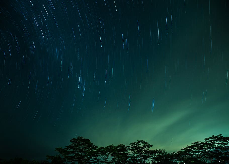 Hawaiian Twilight, trees under phenomenon sky, star, long exposure HD wallpaper
