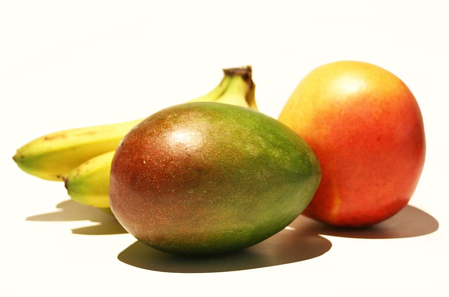 banana, avocado, and apple on white surface, Mango, Orange HD wallpaper