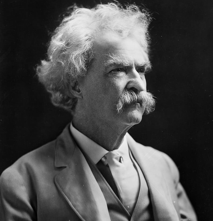 gray scale photo of man in  formal suit, mark twain, person, portrait