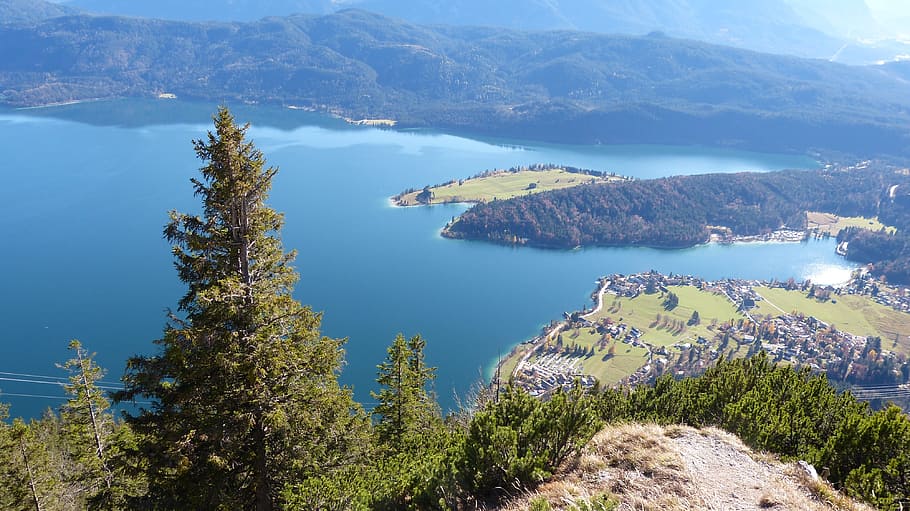 alpine, mountains, sun, blue, lake, walchensee, water, nature HD wallpaper