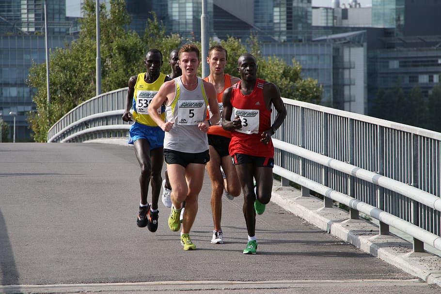 five men running on bridge, Marathon, Runner, Race, full length HD wallpaper