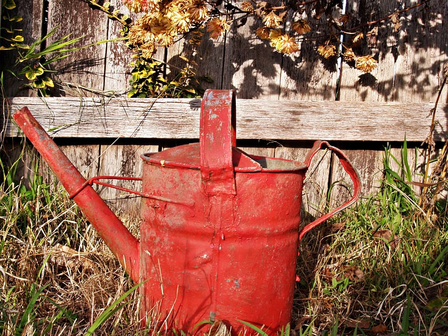 close up photo of red watering can beside wooden fence, old HD wallpaper