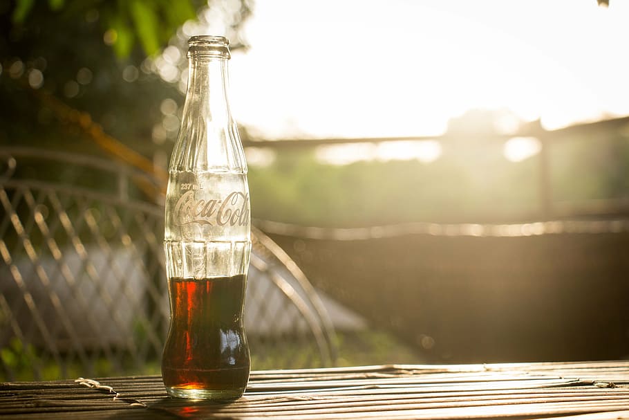 Coca-Cola glass bottle on table, selective, focus, photo, coke