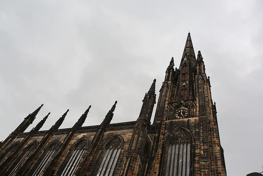 church, architecture, clock, sky, storm, clouds, cloudy, grey HD wallpaper