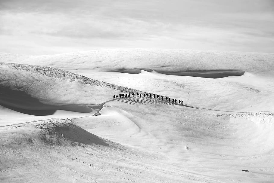 group of people walking on snow, mountain, hiking, girl, woman, HD wallpaper