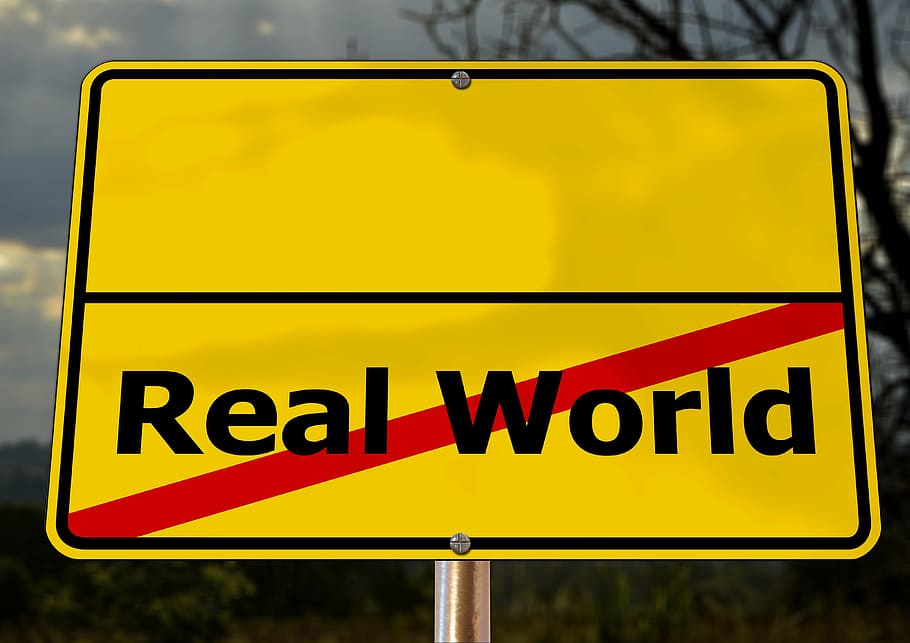 Real World signage on silver post, fantasy, dream, reality, virtual, HD wallpaper
