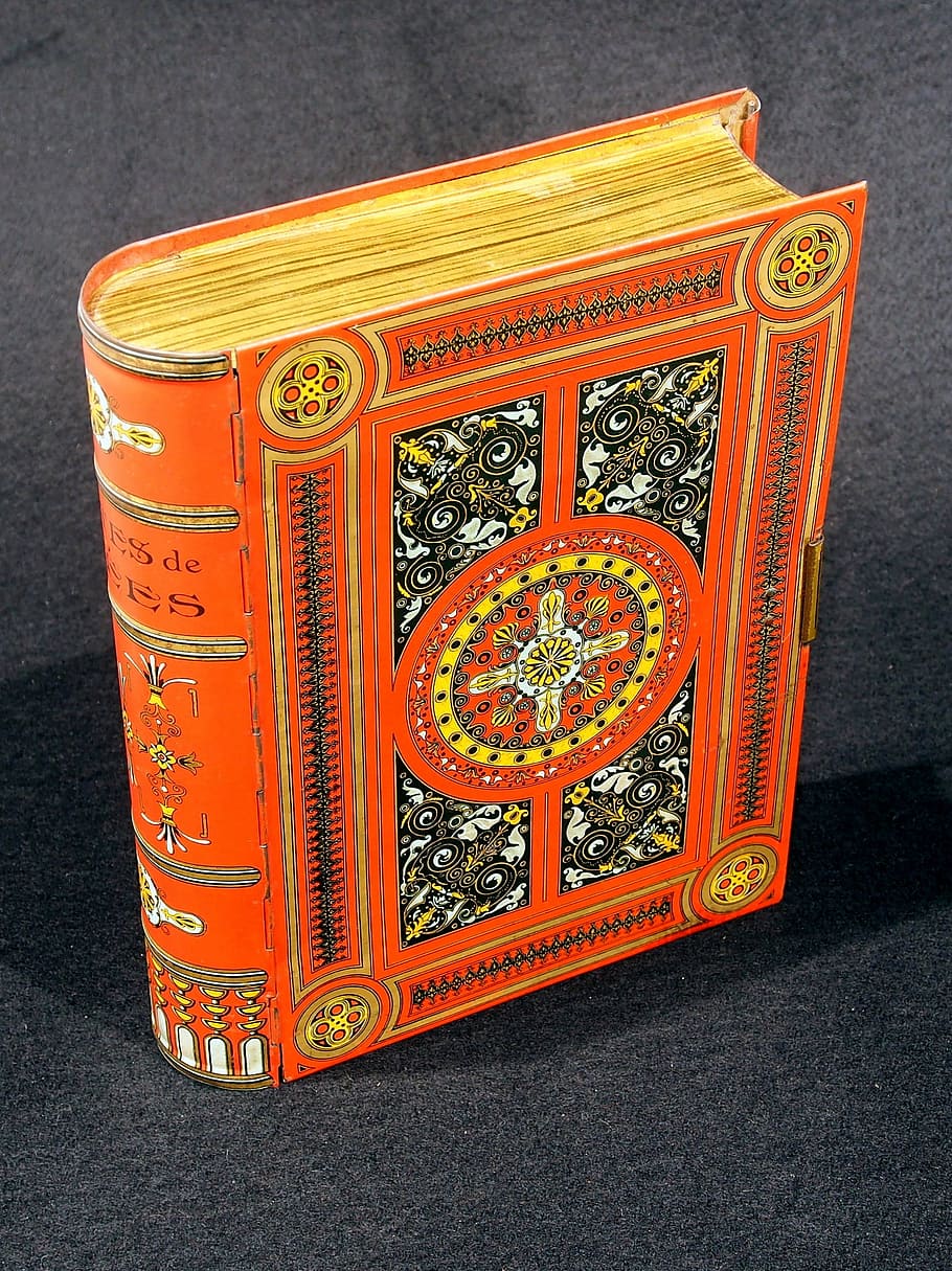 biscuit, book shaped, box, tin, package, old, retro, historic HD wallpaper