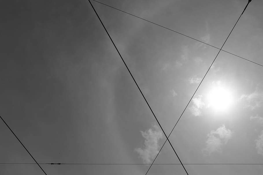 sky, clouds, overcast, cables, criss-cross, crisscrossed, sun HD wallpaper