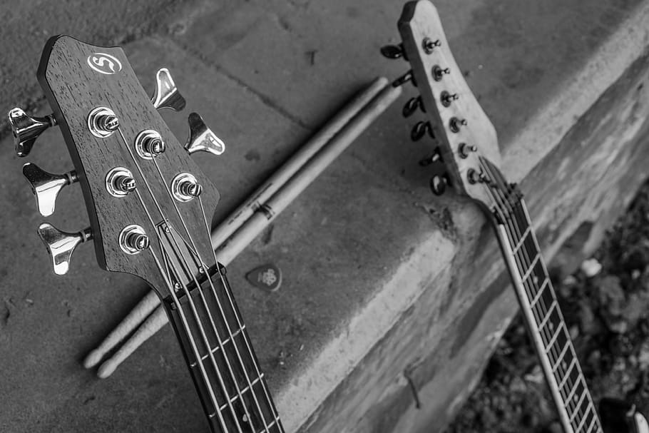 guitar, stringed instrument, music, drumsticks, low, battery HD wallpaper