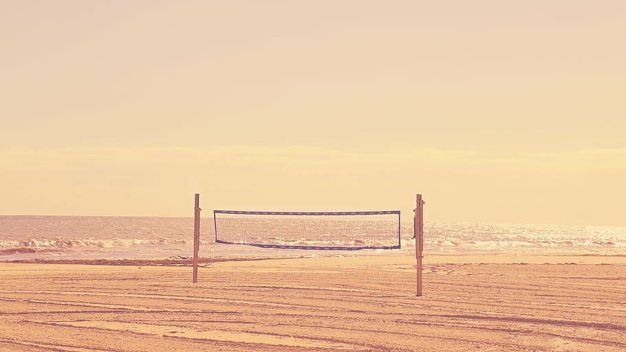 volleyball net at beach, daylight, landscape, ocean, outdoors