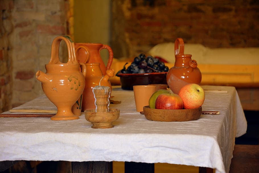 table, medieval, items, candle, amphora, fruit, apple, grapes HD wallpaper