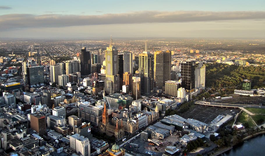 aerial view of city, melbourne, skyline, skyscrapers, australia