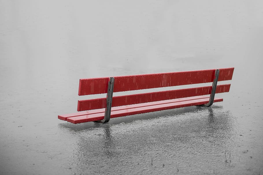 red bench during flood, rain, lake, high water, weather, wet, HD wallpaper