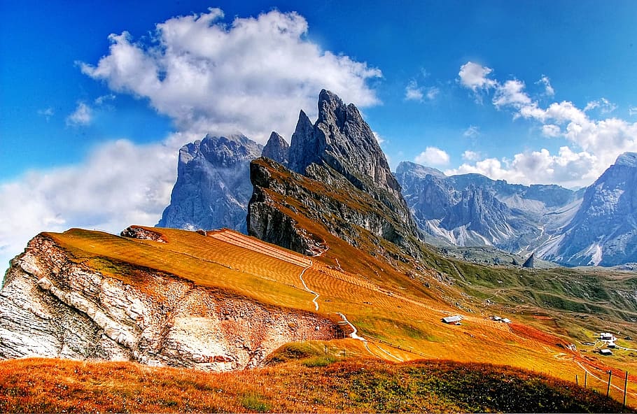 landscape, mountains, nature, sky, alp, clouds, dolomites, hill, HD wallpaper