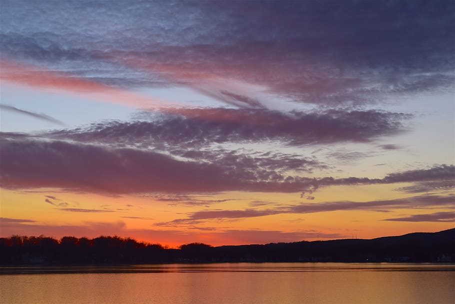 lake, sunset, ice, clouds, trees, nature, reflection, sky, outdoor HD wallpaper