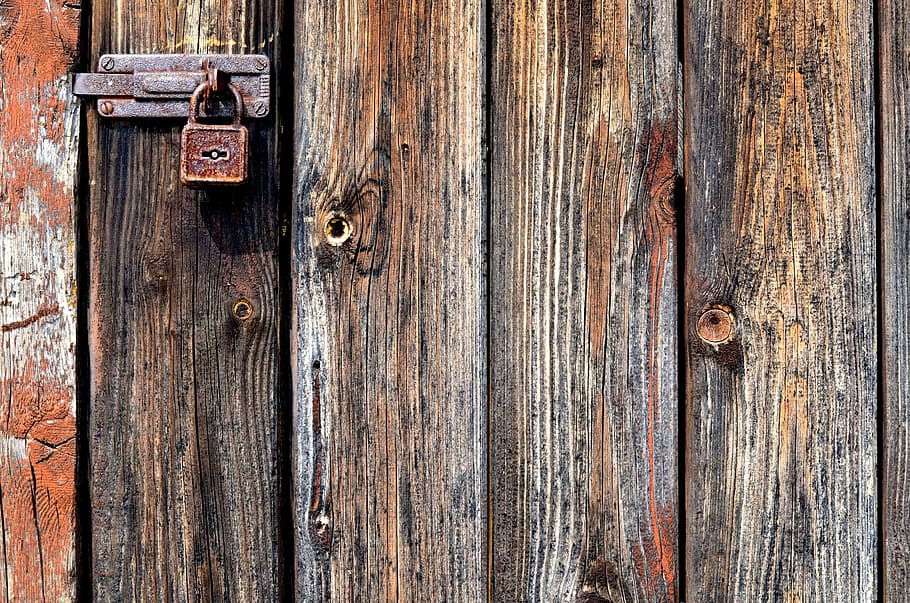 brown and grey wooden door with stained padlock, door lock, old door, HD wallpaper
