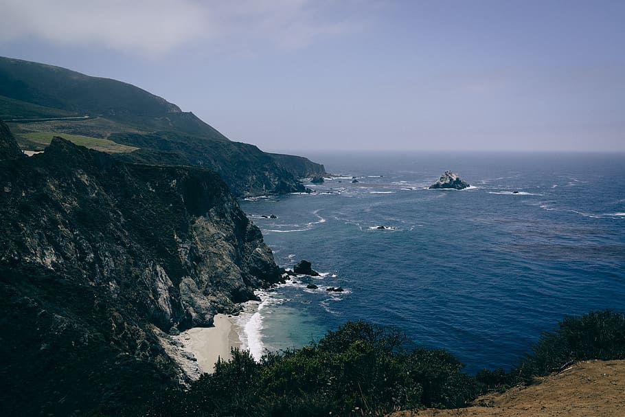 coast, shore, coastline, cliffs, mountains, rocks, sea, beach HD wallpaper