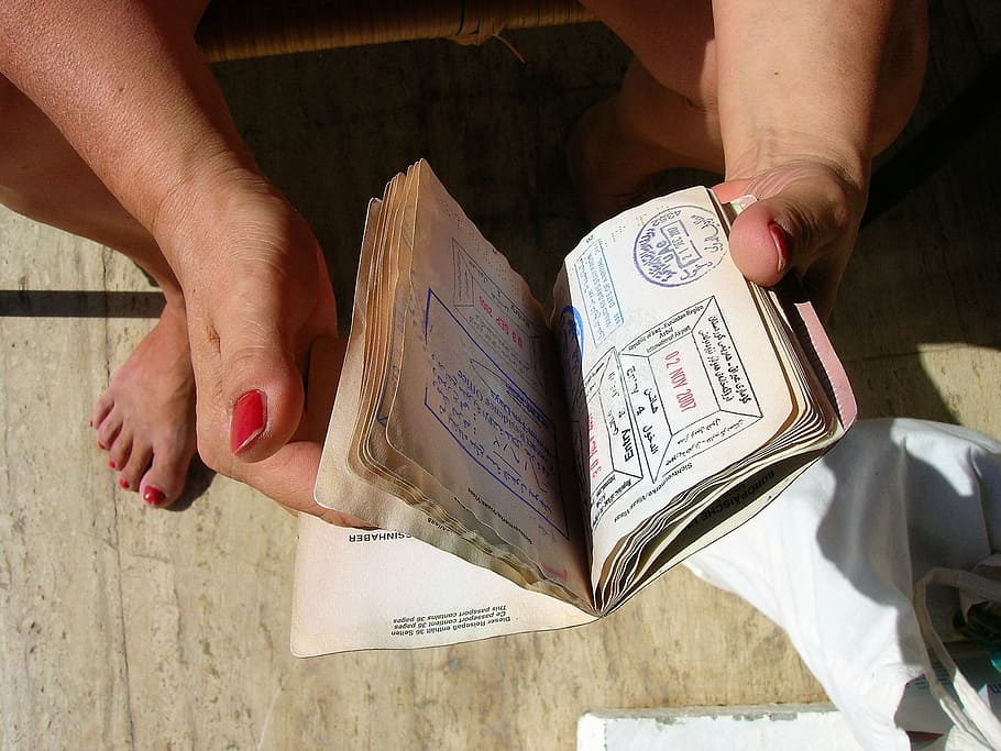 person holding book, pass, passport, visa, stamp, travel document HD wallpaper