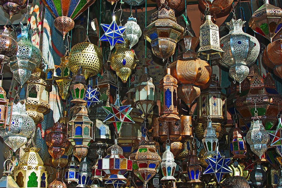 assorted-color hanging decor, marrakech, souk, market, lamp HD wallpaper