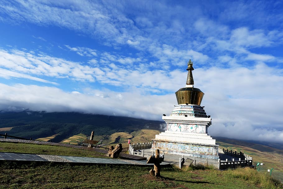 kumbum monastery, blue sky, white cloud, mountain, views, buddhism HD wallpaper