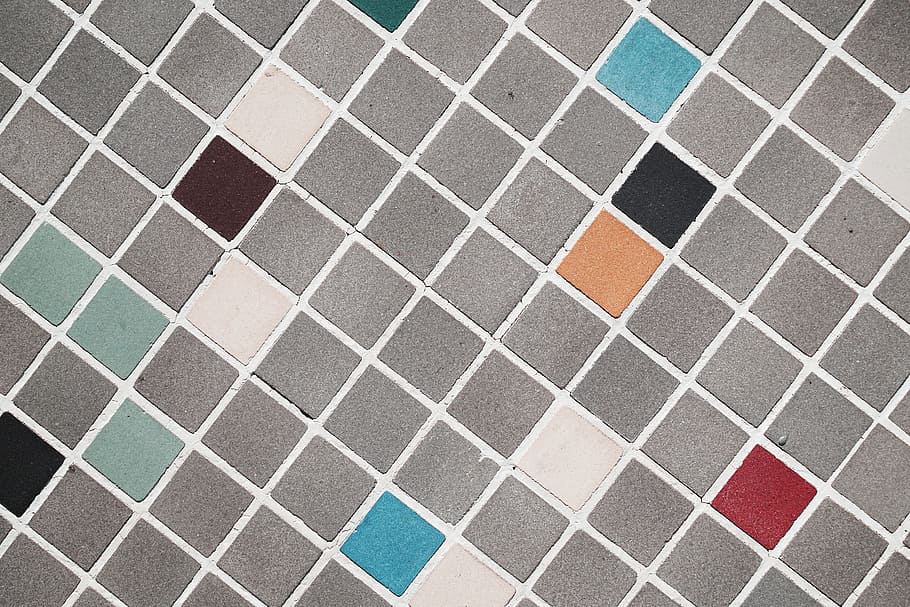 gray, blue, and brown square tiles, gray, white, and red bathroom tiles, HD wallpaper