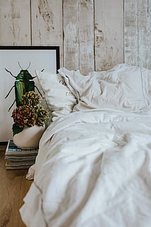 White bed sheets with a picture of a green beetle and a pot plant on a stack of magazines HD wallpaper
