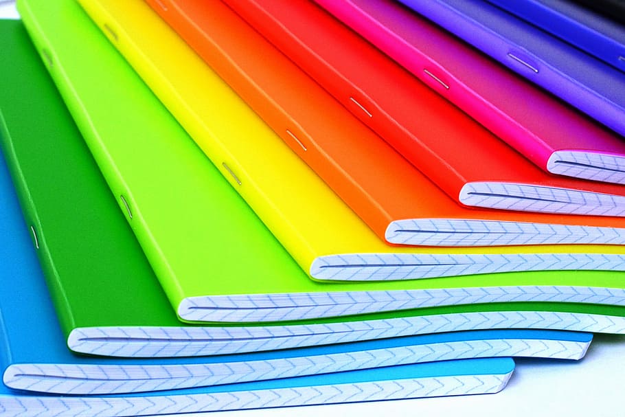 assorted-color notebooks, colored, rainbow, saturated, the colour of the, HD wallpaper