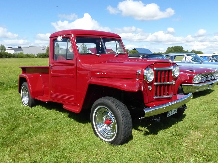 truck, red, cloud, sky, summer, car show, falköping, grass HD wallpaper